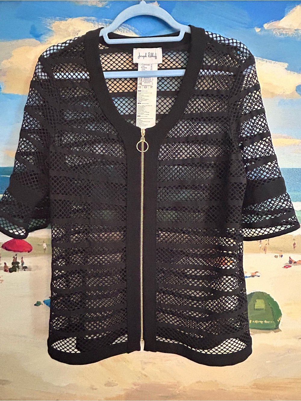 Joseph Ribkoff Black Mesh Zip-Front Coverup with Gold Ring Pull